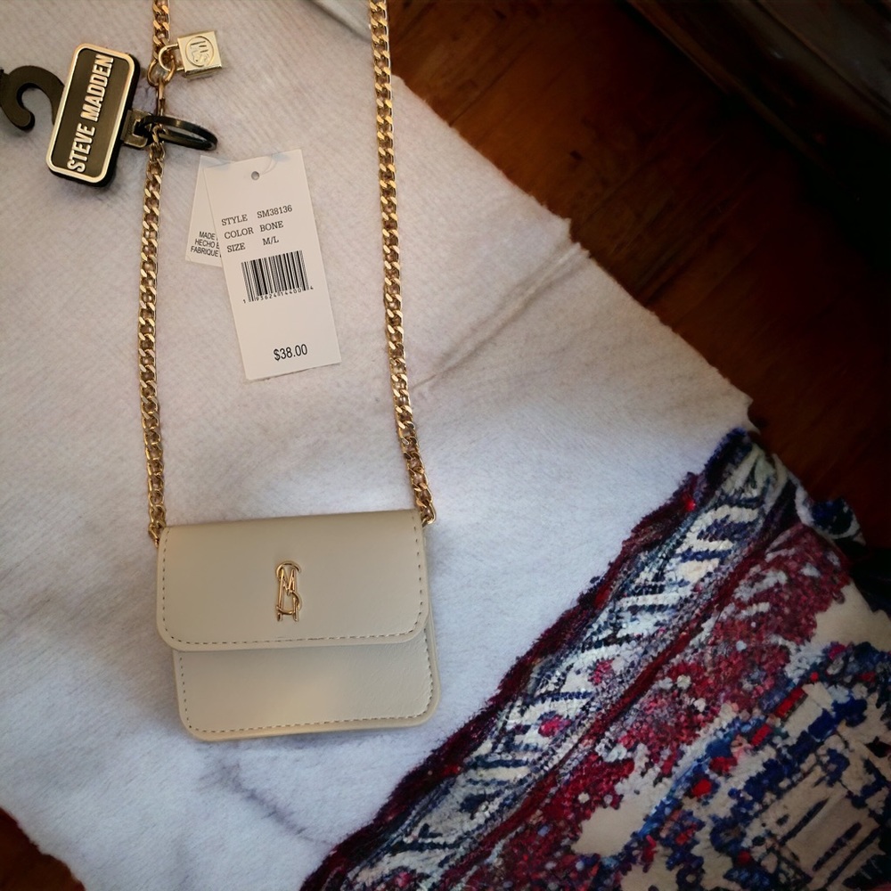 Steve Madden Gold Chain Crossbody Credit Card Mini Bag Purse In Bone NWT